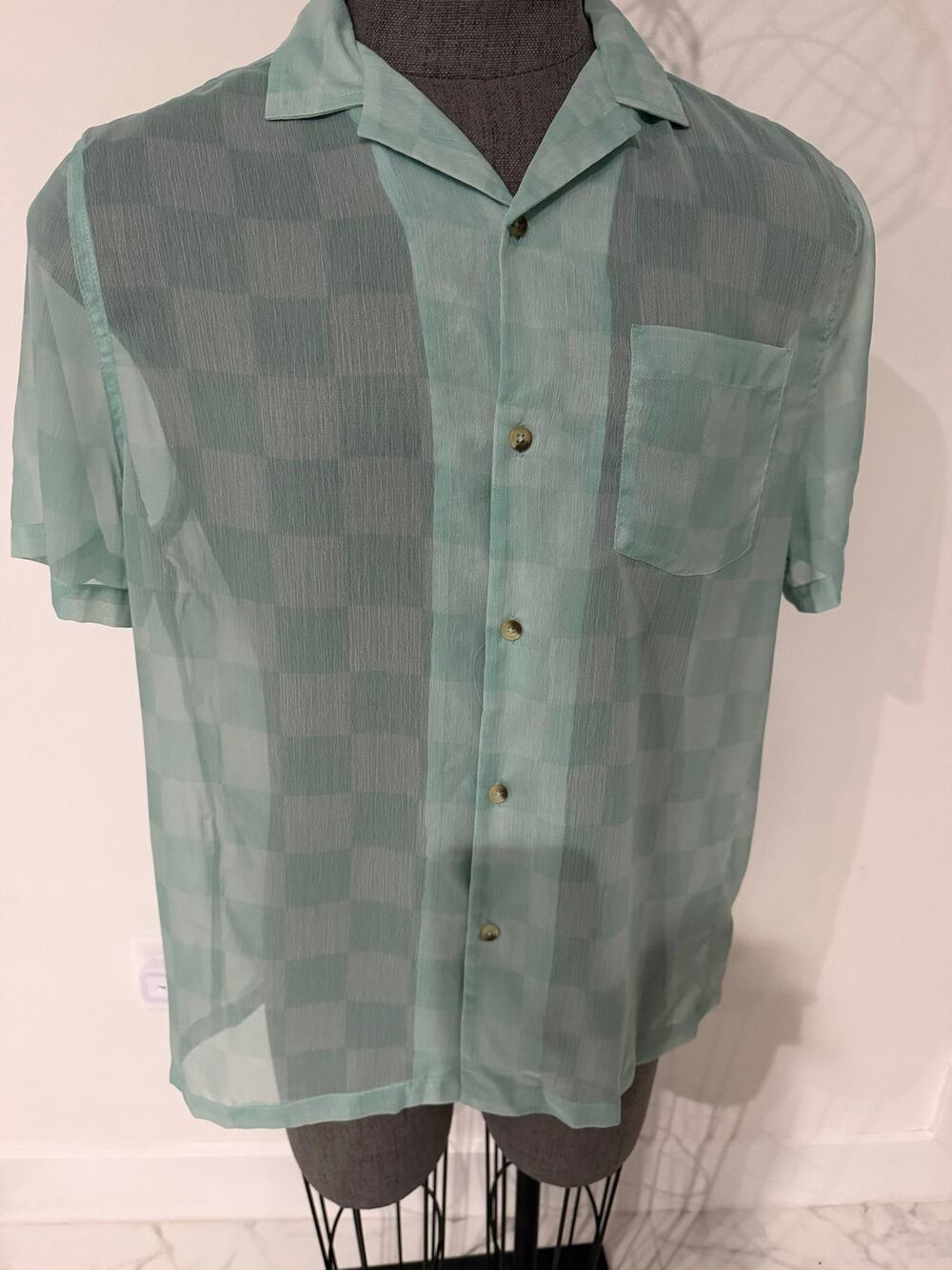 ASOS Design Men’s M Sheer Mint Check Camp Collar Short Sleeve Shirt